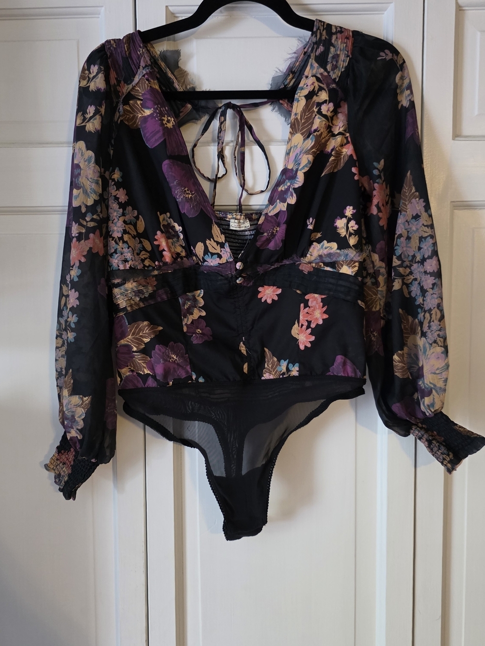 Free People NWT Floral Sheer Sleeve Bodysuit XS Whimsigoth Boho Gothic Top - Picture 7 of 8